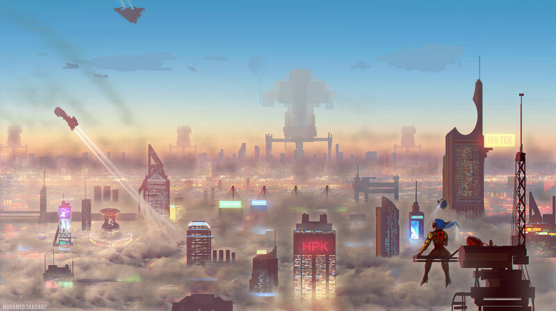 Futuristic Cityscape — Blue, Dramatic, Sunset, Digital Art, Spaceships, Clouds