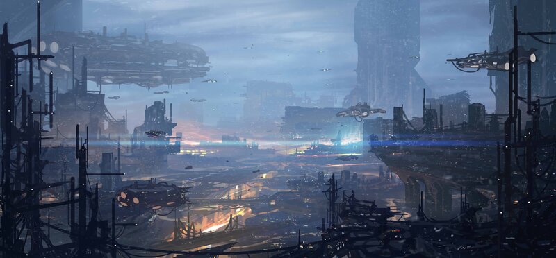 Futuristic Cityscape — Blue, Dramatic, Sunset, Digital Art, Spaceships, Skyscrapers
