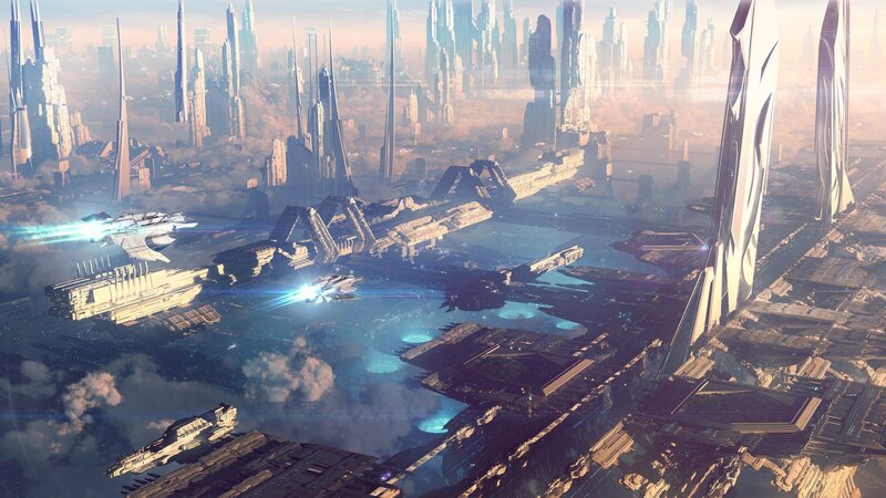 Futuristic Cityscape — Blue, Dramatic, Sunset, Digital Art, Spaceships