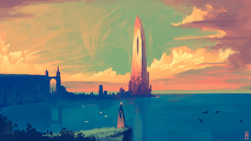 Futuristic Cityscape — Blue, Dramatic, Sunset, Digital Art, Tower