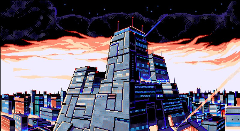 Futuristic Cityscape — Blue, Dramatic, Sunset, Pixel Art