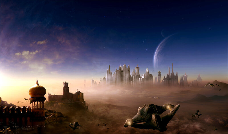 Futuristic Cityscape — Blue, Dramatic, Sunset