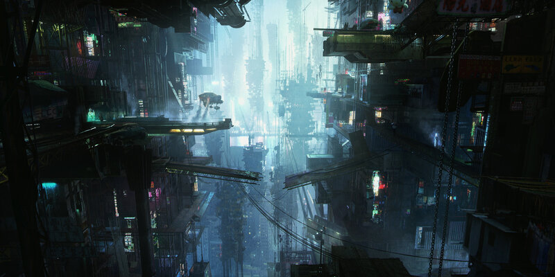 Futuristic Cityscape — Blue, Dystopian, Night, Digital Art, Neon Signs, Aircraft