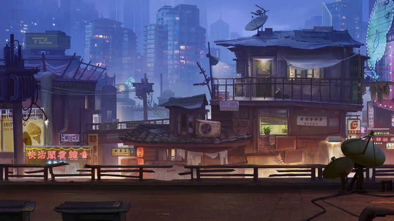 Futuristic Cityscape — Blue, Dystopian, Night, Digital Art, Neon Signs