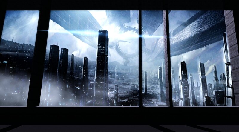 Futuristic Cityscape — Blue, Dystopian, Night, Digital Art, Skyscrapers, Space Station