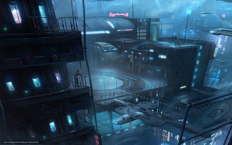 Futuristic Cityscape — Blue, Dystopian, Night, Digital Art