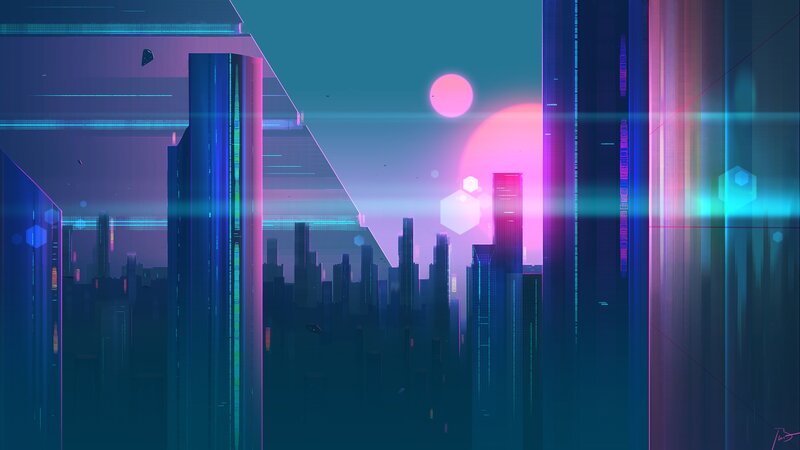 Futuristic Cityscape — Blue, Dystopian, Sunset