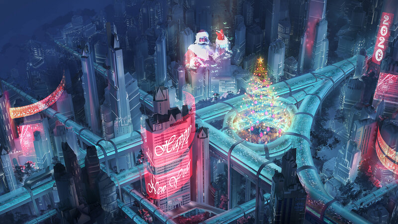 Futuristic Cityscape — Blue, Festive