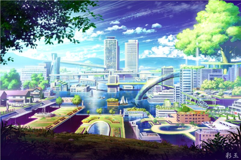Futuristic Cityscape — Blue, Serene, Afternoon, Anime