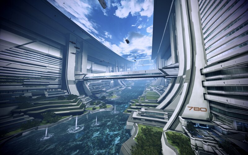 Futuristic Cityscape — Blue, Serene, Afternoon, Digital Art, Buildings, River, Aircraft