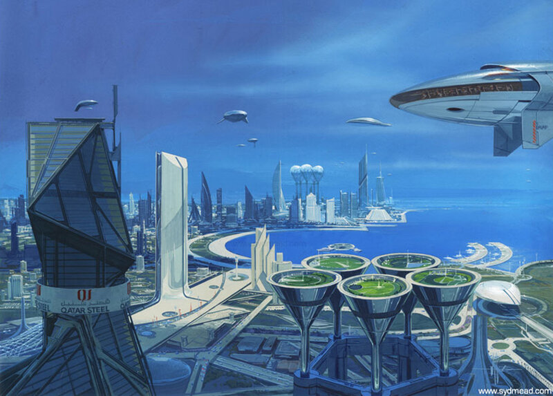 Futuristic Cityscape — Blue, Serene, Afternoon, Digital Art, Skyscrapers, Airships
