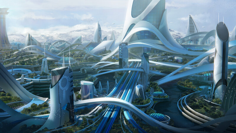 Futuristic Cityscape — Blue, Serene, Afternoon, Digital Art, Skyscrapers, Bridges
