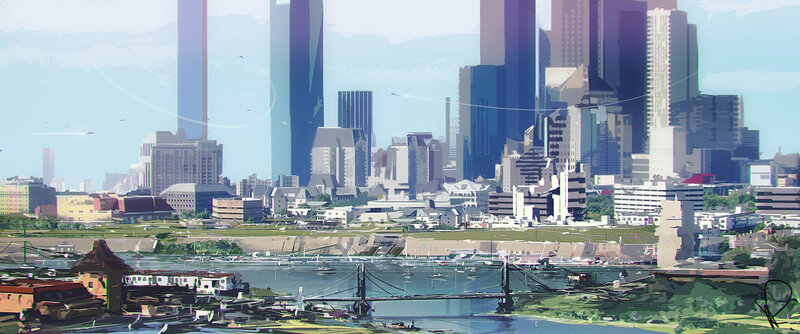 Futuristic Cityscape — Blue, Serene, Afternoon, Digital Art, Skyscrapers, River