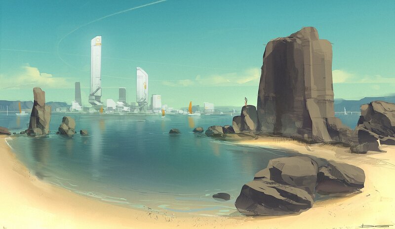 Futuristic Cityscape — Blue, Serene, Afternoon, Digital Art, Skyscrapers, Sailboats