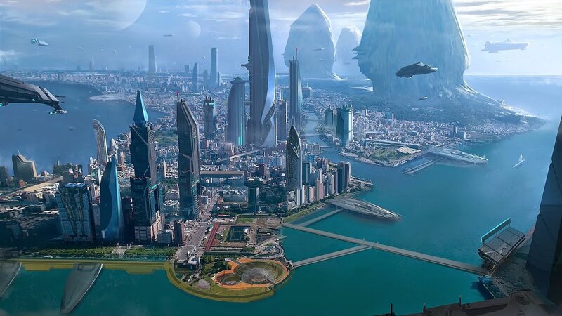 Futuristic Cityscape — Blue, Serene, Afternoon, Digital Art, Skyscrapers, Ships
