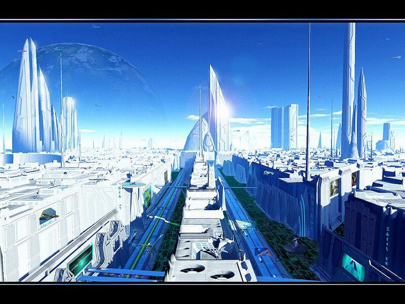 Futuristic Cityscape — Blue, Serene, Afternoon, Digital Art, Skyscrapers, Spacecraft, Planet
