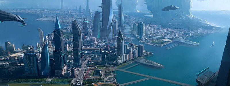 Futuristic Cityscape — Blue, Serene, Afternoon, Digital Art, Skyscrapers
