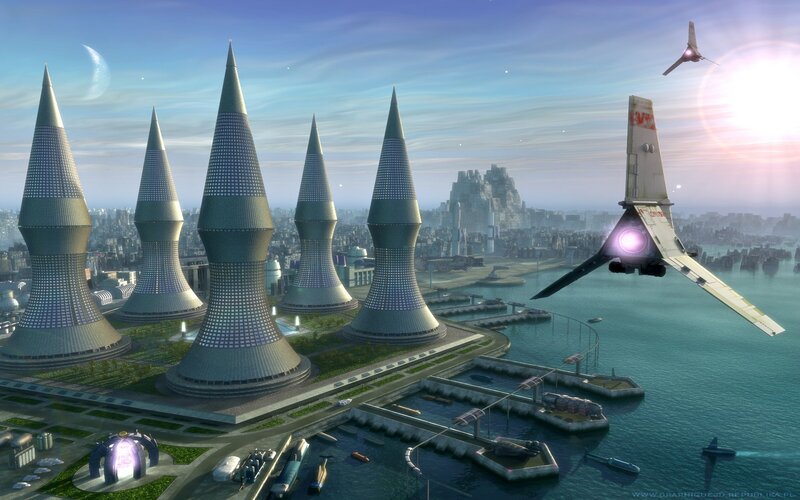 Futuristic Cityscape — Blue, Serene, Afternoon, Digital Art
