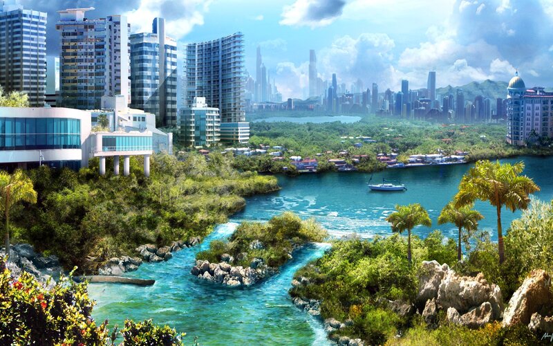 Futuristic Cityscape — Blue, Serene, Afternoon