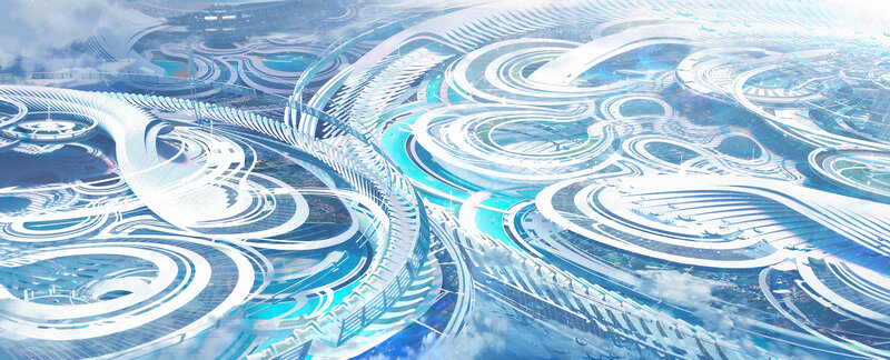 Futuristic Cityscape — Blue, Serene, Digital Art, Architecture