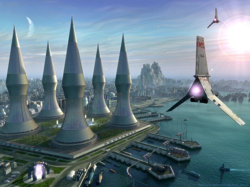 Futuristic Cityscape — Blue, Serene, Morning, 3d Render, Spaceships, Skyscrapers