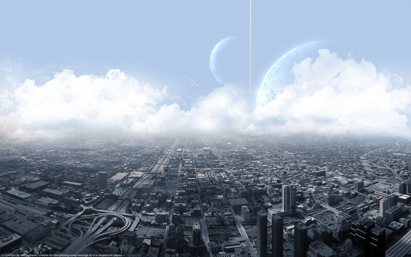 Futuristic Cityscape — Blue, Serene, Morning, Digital Art, Planets