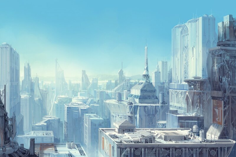 Futuristic Cityscape — Blue, Serene, Morning, Digital Art