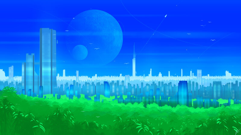 Futuristic Cityscape — Blue, Serene, Night, Digital Art, Moon