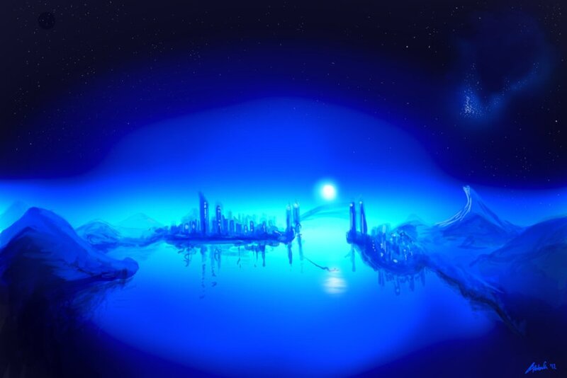 Futuristic Cityscape — Blue, Serene, Night, Digital Art, Mountains