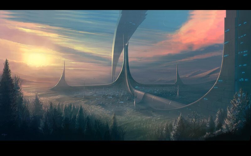 Futuristic Cityscape — Blue, Serene, Sunset, Digital Art, Forest