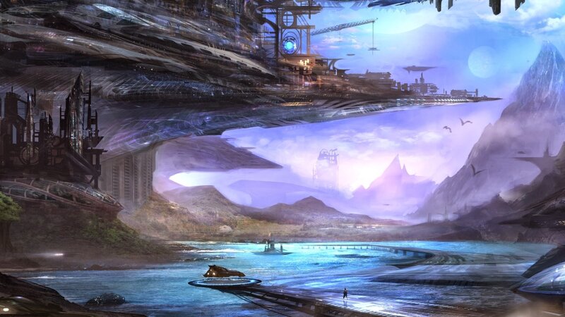 Futuristic Cityscape — Blue, Serene, Sunset, Digital Art