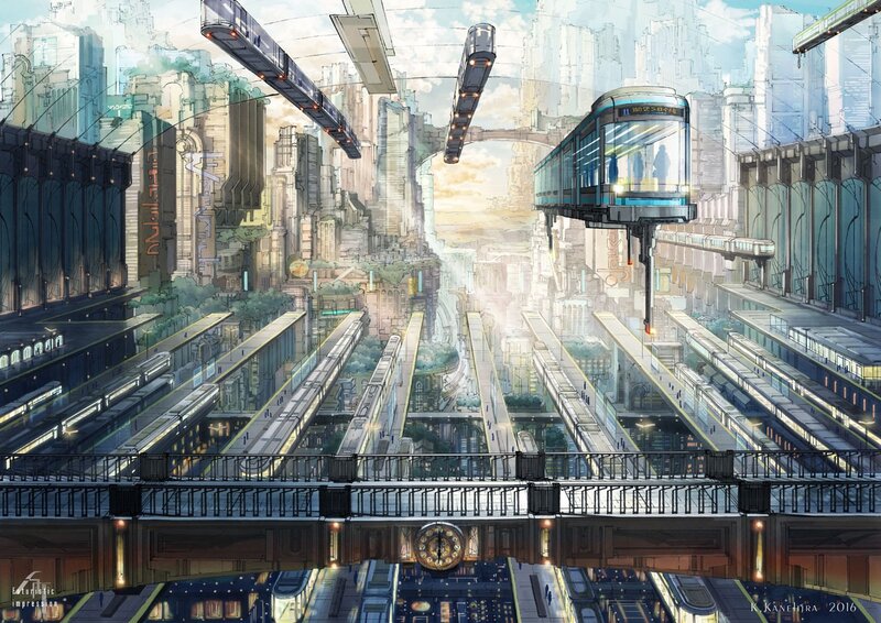 Futuristic Cityscape — Blue, Serene, Sunset, Digital Art, Trains