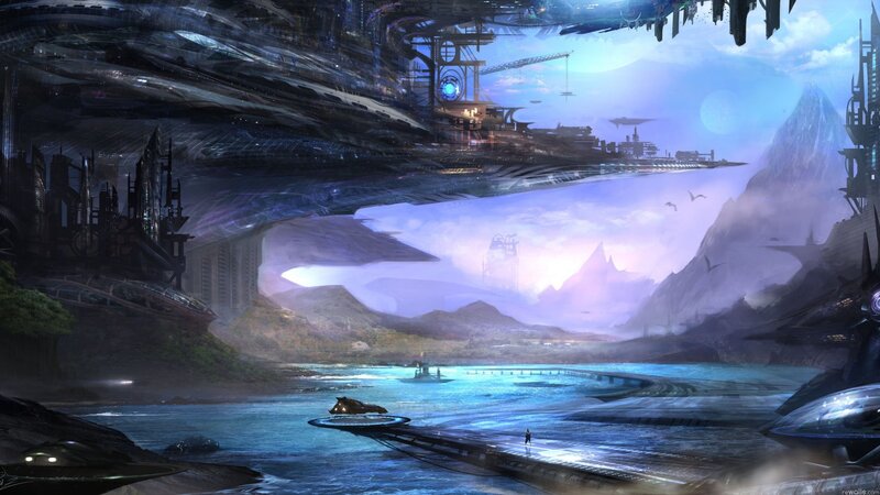 Futuristic Cityscape — Blue, Serene, Sunset