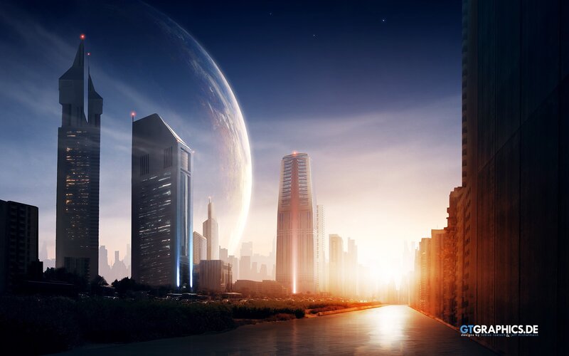 Futuristic Cityscape — Blue, Sunrise