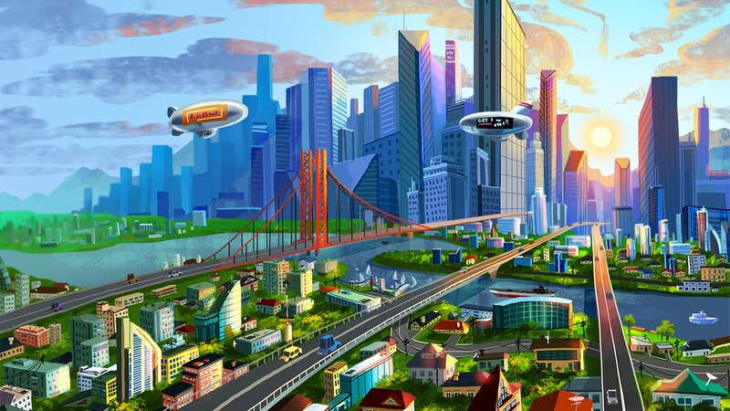 Futuristic Cityscape — Blue, Vibrant