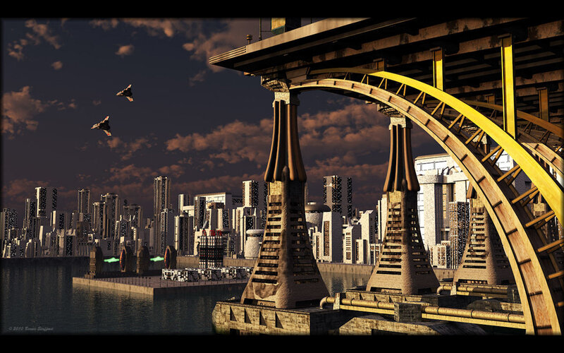 Futuristic Cityscape — Brown, Dramatic, Sunset, Digital Art, Aircraft