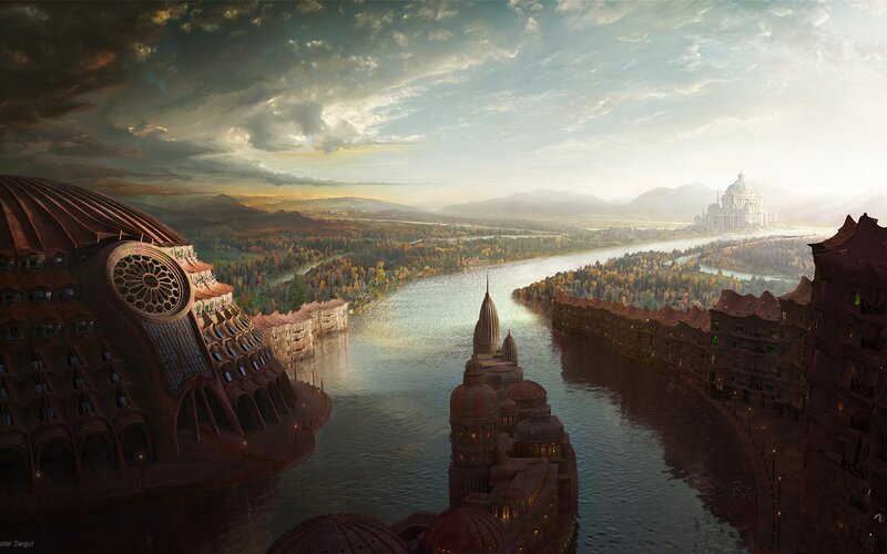 Futuristic Cityscape — Brown, Dramatic, Sunset, Digital Art, River, Buildings, Forest
