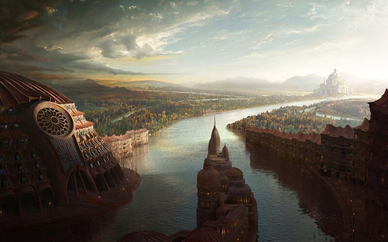 Futuristic Cityscape — Brown, Dramatic, Sunset, Digital Art, River, Buildings, Mountains, Green