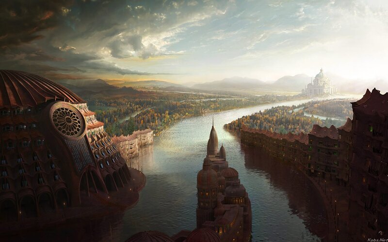 Futuristic Cityscape — Brown, Dramatic, Sunset, Digital Art, River, Buildings