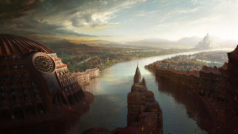 Futuristic Cityscape — Brown, Dramatic, Sunset, Digital Art, River, Forest
