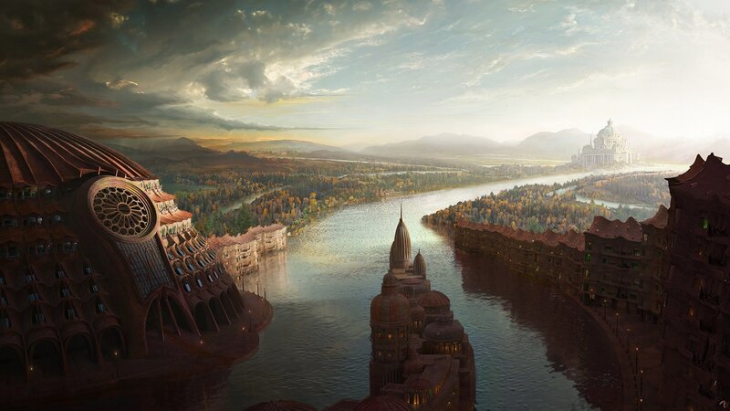 Futuristic Cityscape — Brown, Dramatic, Sunset, Digital Art, River, Mountains