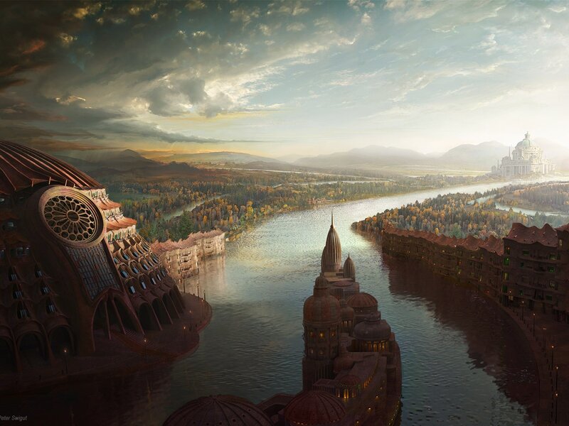 Futuristic Cityscape — Brown, Dramatic, Sunset, Digital Art, River