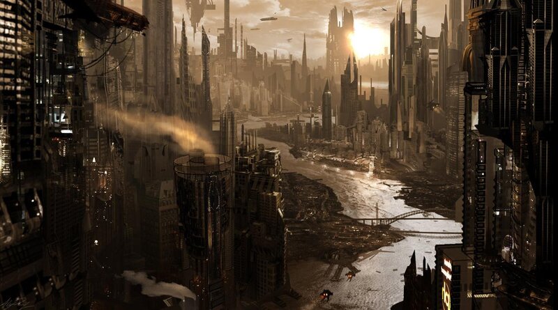 Futuristic Cityscape — Brown, Dramatic, Sunset, Digital Art, Skyscrapers, River, Aircraft
