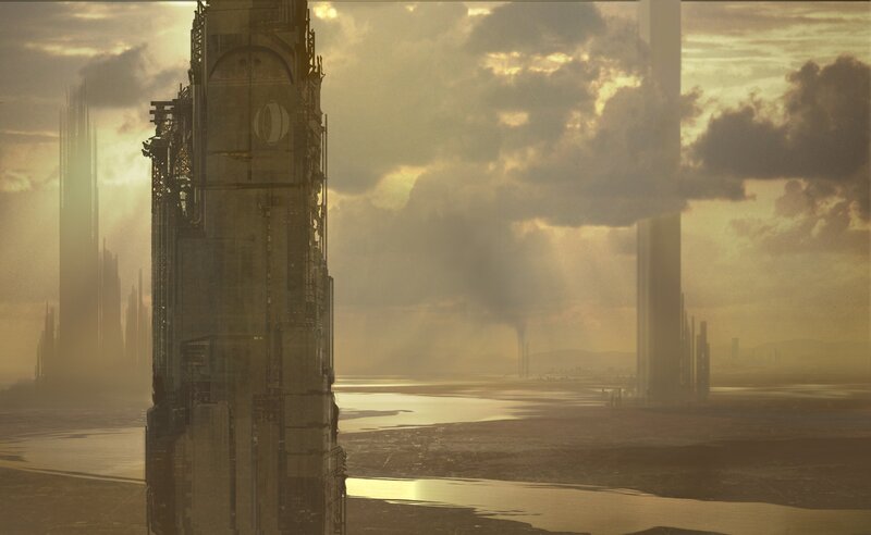 Futuristic Cityscape — Brown, Dramatic, Sunset, Digital Art, Skyscrapers, River