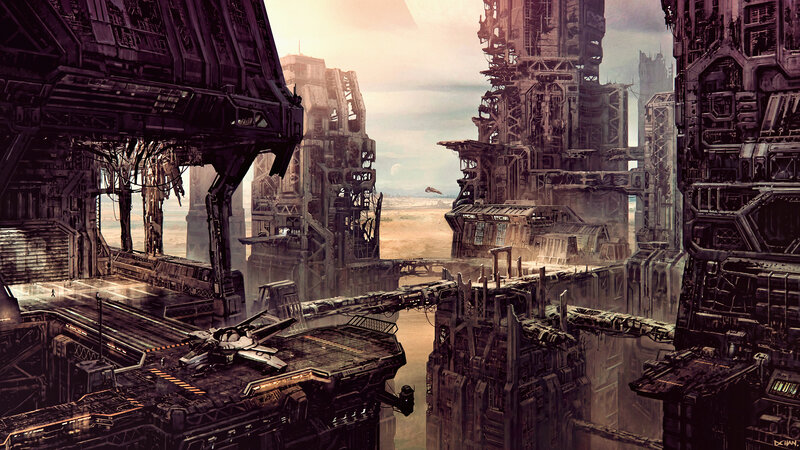 Futuristic Cityscape — Brown, Dramatic, Sunset, Digital Art, Skyscrapers, Spaceship