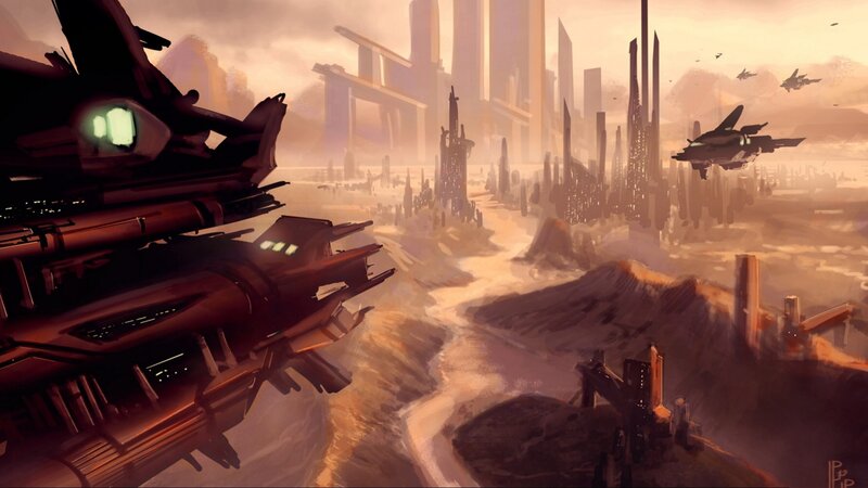 Futuristic Cityscape — Brown, Dramatic, Sunset, Digital Art, Spaceships, Ruins, Desert