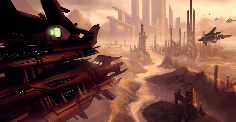 Futuristic Cityscape — Brown, Dramatic, Sunset, Digital Art, Spaceships, Ruins