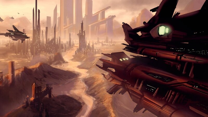 Futuristic Cityscape — Brown, Dramatic, Sunset, Digital Art, Spaceships