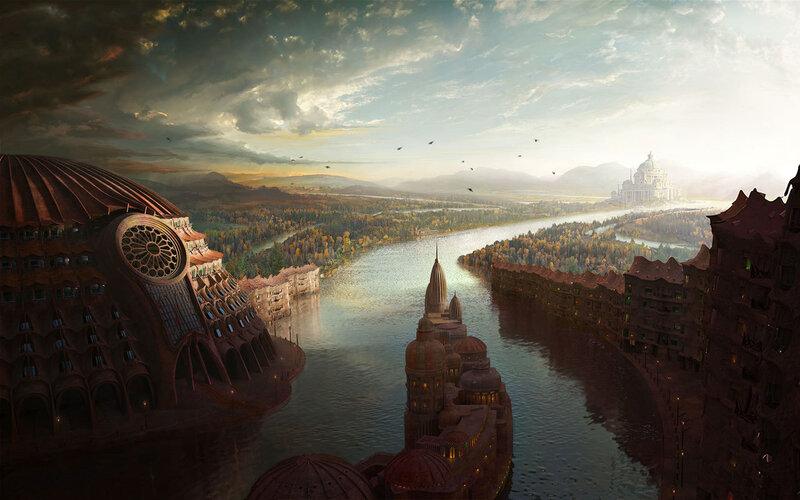 Futuristic Cityscape — Brown, Dramatic, Sunset, Digital Art
