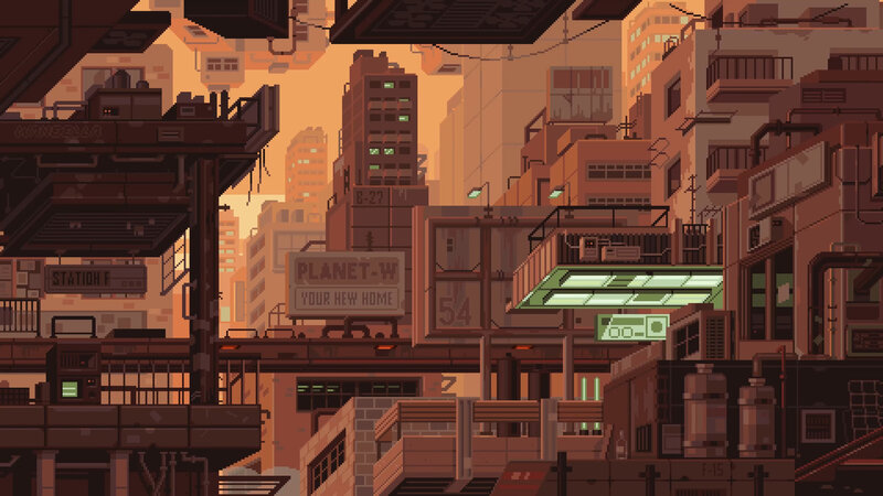 Futuristic Cityscape — Brown, Dramatic, Sunset, Pixel Art